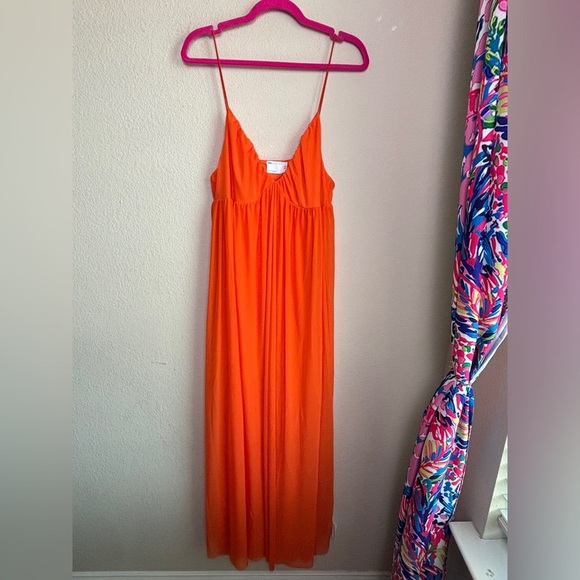 NWT ASOS Coral Orange Mesh Overlay Empire Waist Skater Maxi Dress 14 - Picture 3 of 13